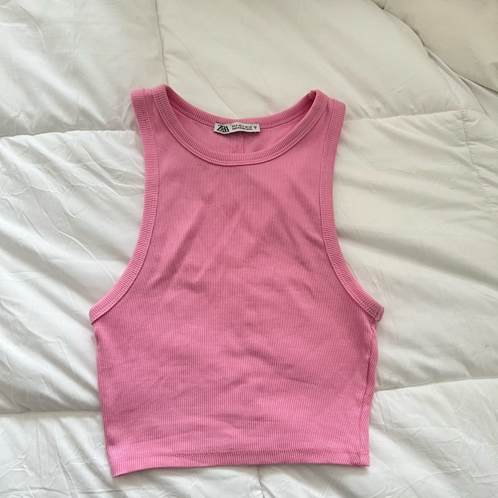 Zara Pink Ribbed Halter Crop Tank Top